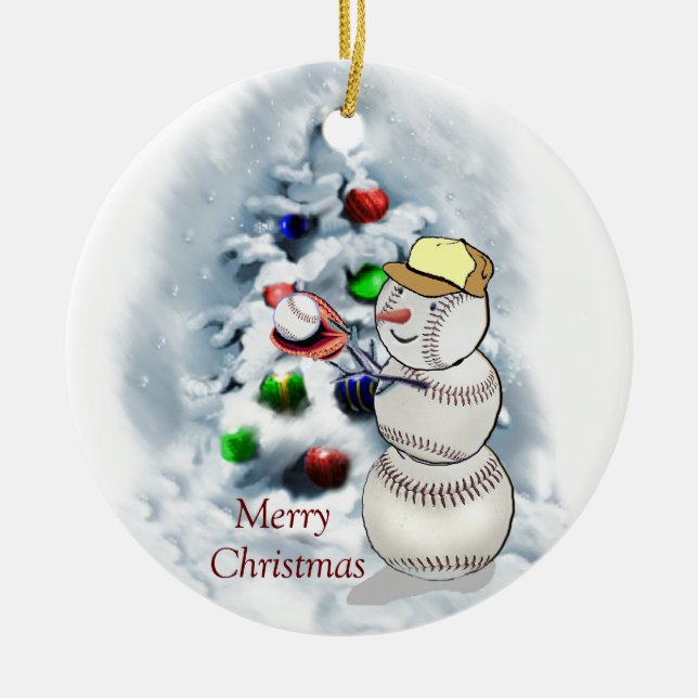 Baseball Snowman Christmas Ceramic Ornament (Front)