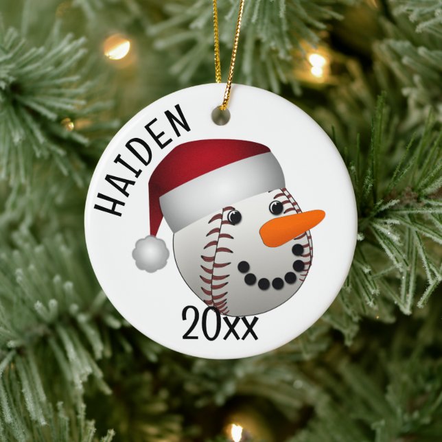 Baseball Snowman Christmas Ceramic Ornament (Tree)
