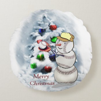 Baseball Snowman Christmas Round Pillow by TheSportofIt at Zazzle