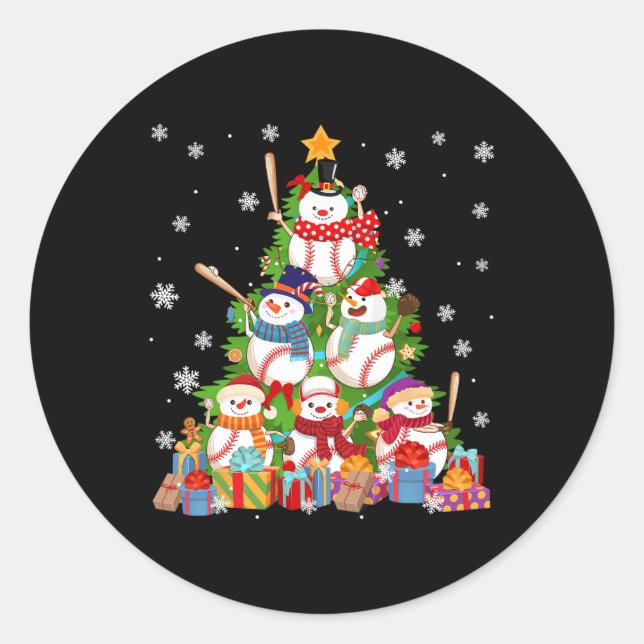 Baseball Snowman Christmas Tree Pitchers Catchers  Classic Round Sticker (Front)