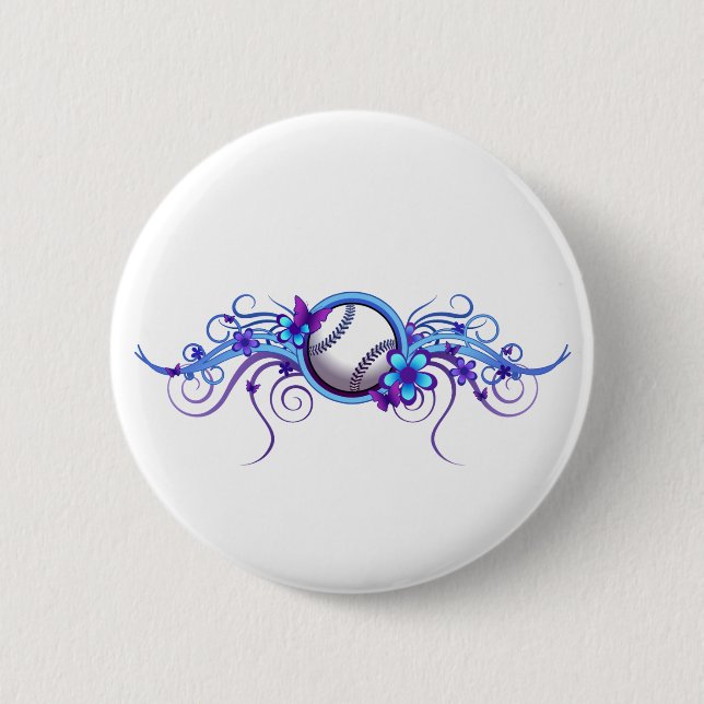 Baseball / Softball Butterfly Flower Blue Button (Front)