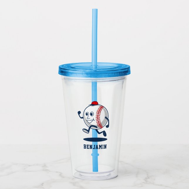 Baseball Softball Cartoon Run Personalized Name Acrylic Tumbler (Front)
