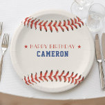 Baseball Softball Sport Happy Birthday Party Paper Plates<br><div class="desc">Red white and blue baseball / softball birthday paper plate.  Personalize it with your bday party details.  Great for sports fans or athletes.</div>