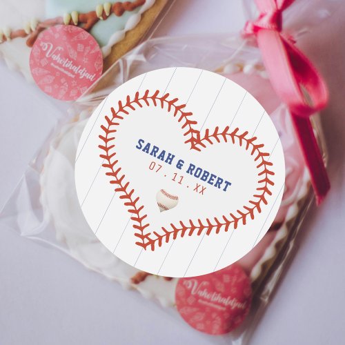 Baseball Softball Sport Heart Pinstripe Wedding Classic Round Sticker