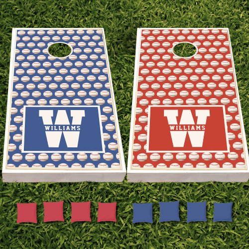 Baseball Softball Sport Pattern Red Blue Monogram Cornhole Set