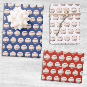 Baseball Softball Sport Pattern Red White & Blue Wrapping Paper Sheets