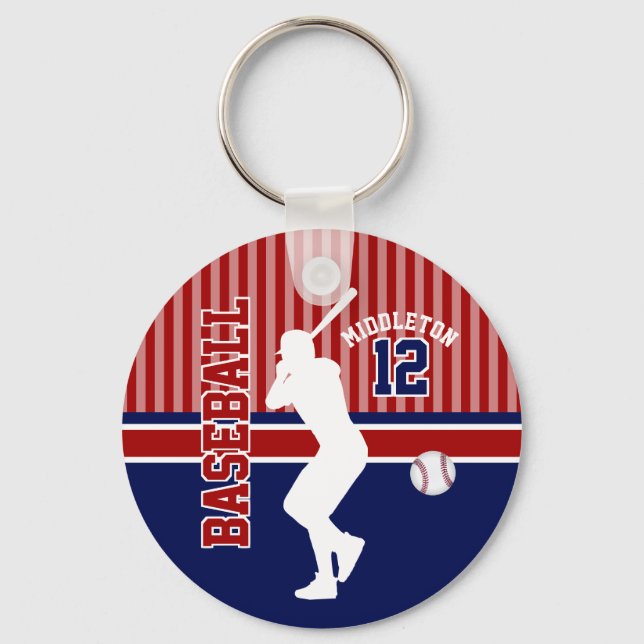 Baseball Sport Ball Design - Dark Red and Blue Keychain (Front)