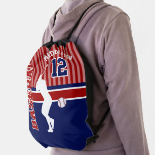 Baseball Sport   DIY Text - Dark Red, Blue & White Drawstring Bag