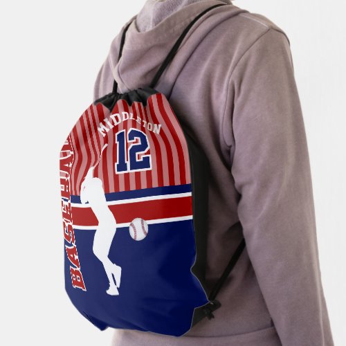 Baseball Sport  DIY Text _ Dark Red Blue  White Drawstring Bag