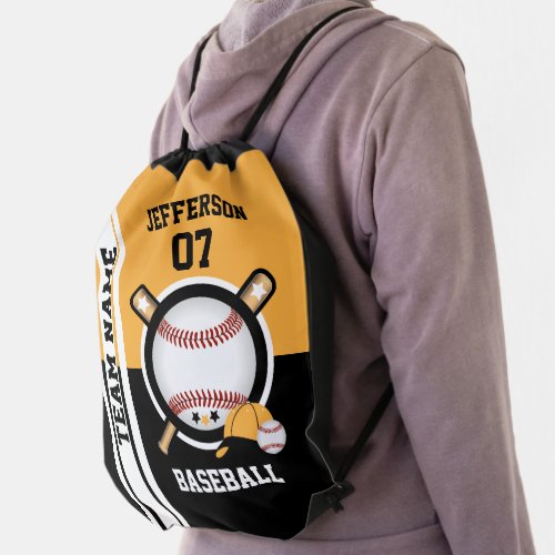 Baseball Sport in Black and Gold Drawstring Bag