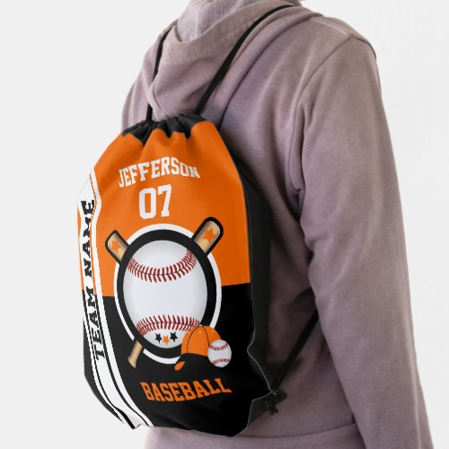 Baseball Sport in Black and Orange Drawstring Bag