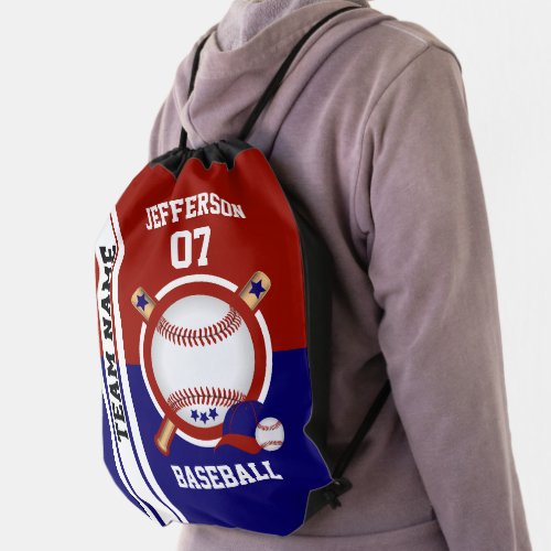 Baseball Sport in Dark Blue and Red Drawstring Bag