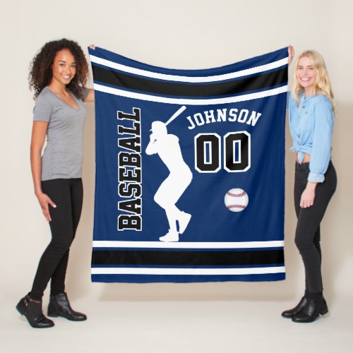 Baseball  Sport in Dark Blue Black and White Fleece Blanket