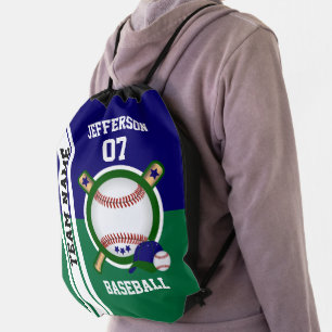 Baseball Sport in Green and Dark Blue Drawstring Bag