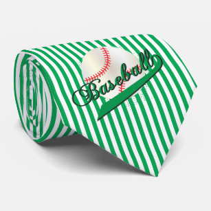 Baseball Sport in Green and White Stripes Neck Tie