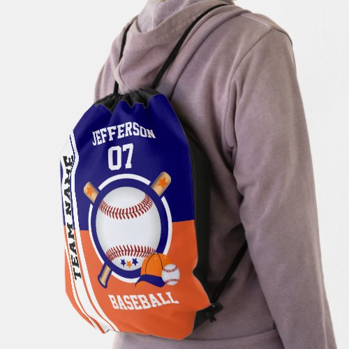 Baseball Sport in Orange and Dark Blue Drawstring Bag