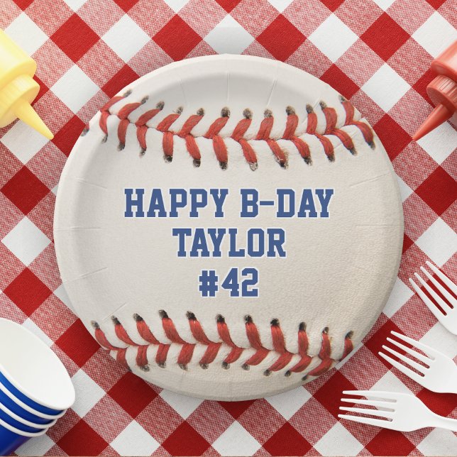 Baseball Sport Player Name Team Number Birthday Paper Plates (softball / baseball sport happy birthday paper plates)
