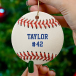Baseball Sport Player Name Team Number Christmas Ceramic Ornament<br><div class="desc">Red,  white and blue baseball Christmas ornament for sports fans / men and boys. Customize the text with your player or team name and number.</div>