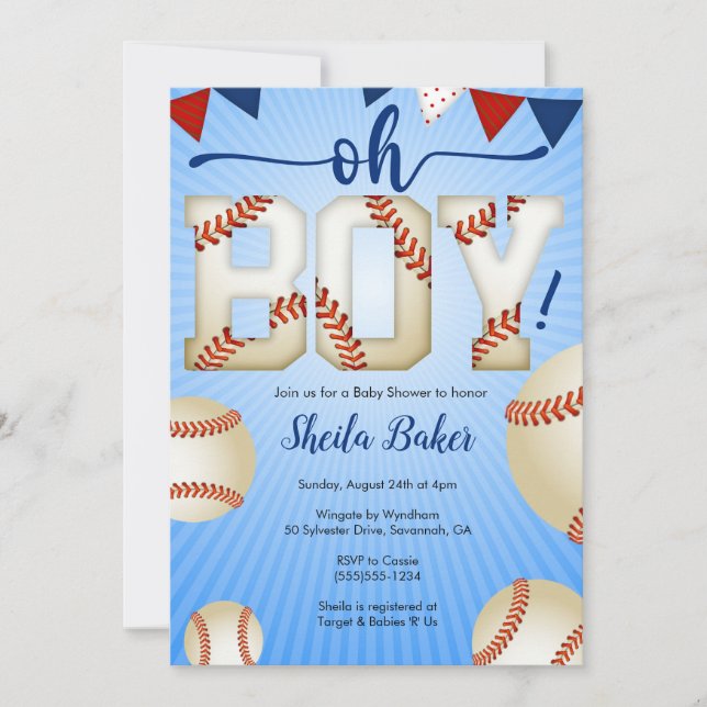 Baseball Sports Baby Shower Invitation - Oh Boy (Front)
