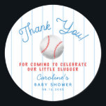 Baseball Sports Baby Shower Thank You Favor Classic Round Sticker<br><div class="desc">Cute sports theme baby shower favor sticker featuring illustrations of a baseball and bat with a typography text that says "Thank You! a little slugger is on the way."</div>