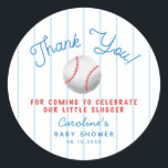 Baseball Sports Baby Shower Thank You Favor Classic Round Sticker<br><div class="desc">Cute sports theme baby shower favor sticker featuring illustrations of a baseball and bat with a typography text that says "Thank You! a little slugger is on the way."</div>