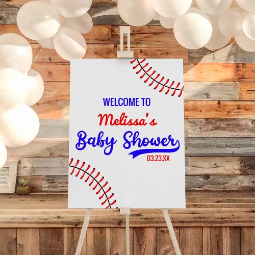Baseball Sports Blue Red Baby Shower Welcome Sign