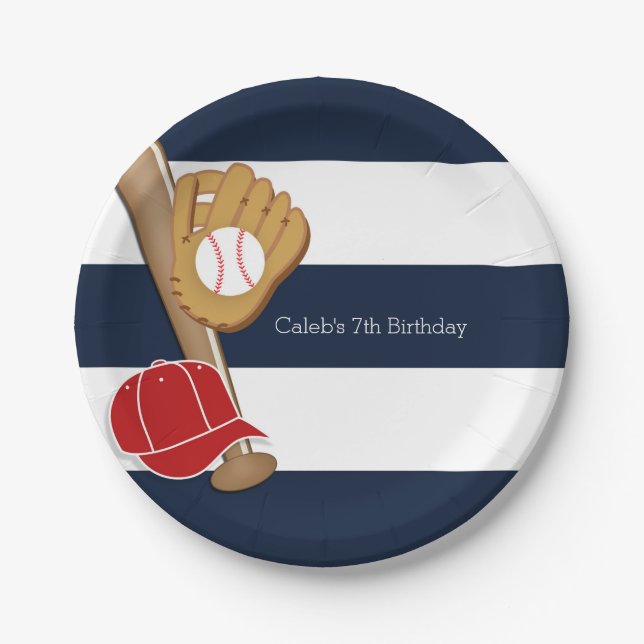 Baseball Sports Blue & White Striped Custom Party Paper Plates (Front)
