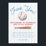 Baseball Sports Boy Baby Shower Thank You Card<br><div class="desc">Cute sports theme baby shower thank you template card featuring illustrations of a baseball and bat with a typography text that says "Thank you for coming to celebrate our little slugger." The message thanks guests for attending the shower and for their gift. Great for a boy shower.</div>