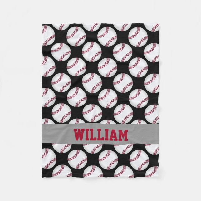 Baseball Sports Personalized Black White Red Fleece Blanket (Front)