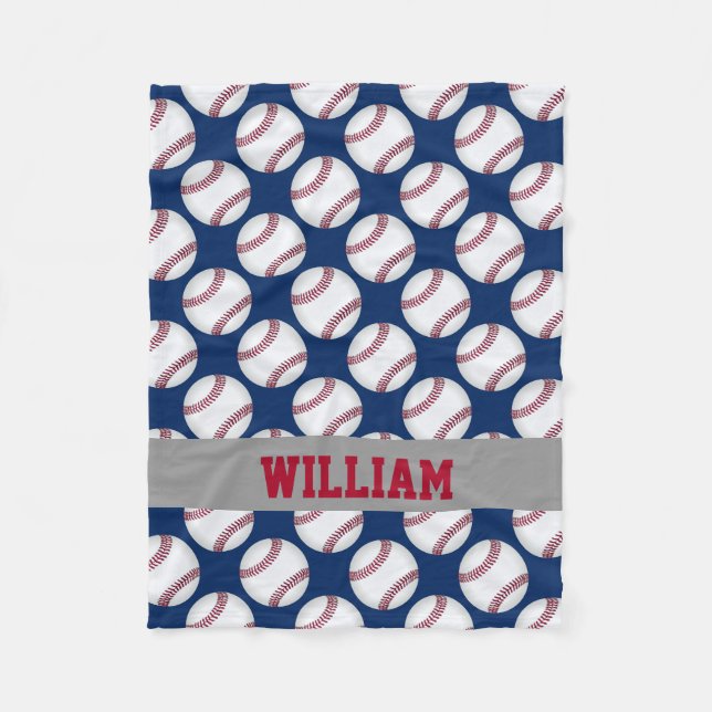 Baseball Sports Personalized Red White Blue Fleece Blanket (Front)