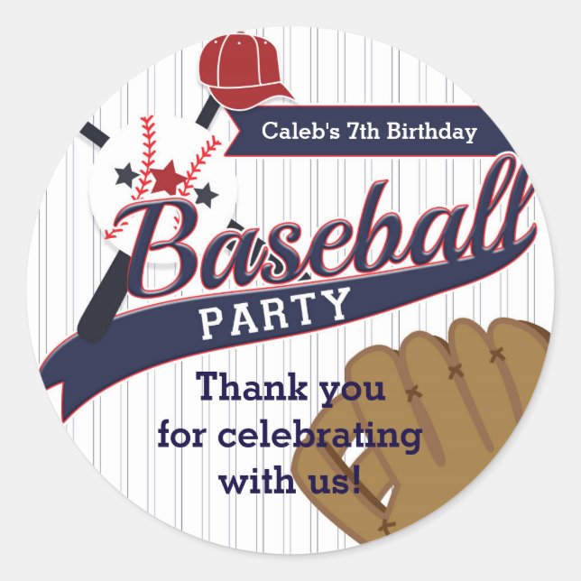 Baseball Sports Pin Striped Birthday Party Favor Classic Round Sticker (Front)