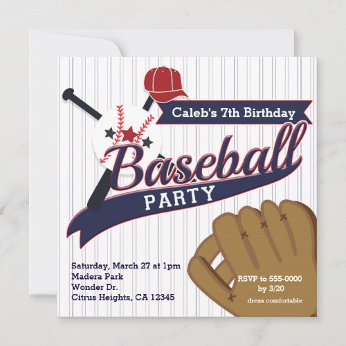 Baseball Sports Pin Striped Birthday Party Invitation