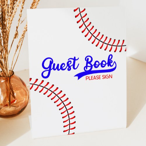 Baseball Sports Red Blue Party Guest Book Pedestal Sign