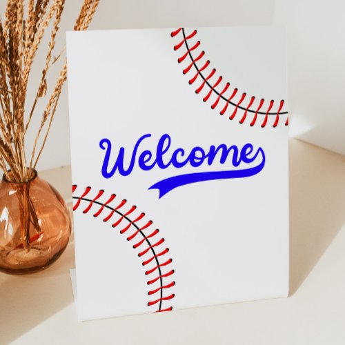 Baseball Sports Red Blue Party Welcome Table Pedestal Sign