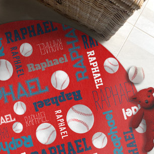 Baseball sports red white blue custom name kids rug