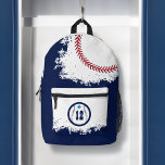 Baseball Sports Team Player Jersey Number Navy Printed Backpack<br><div class="desc">Fun sport-themed personalized baseball backpack. The design features a baseball graphic with a customizable player jersey number on the front pocket. Large baseball with reed stitches and name displayed boldly along the top. A fun personalized backpack design for baseball sports lovers and baseball players. Design by Moodthology Papery</div>