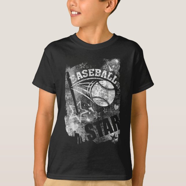 Baseball Star, Black Grunge Baseball T-Shirt (Front)