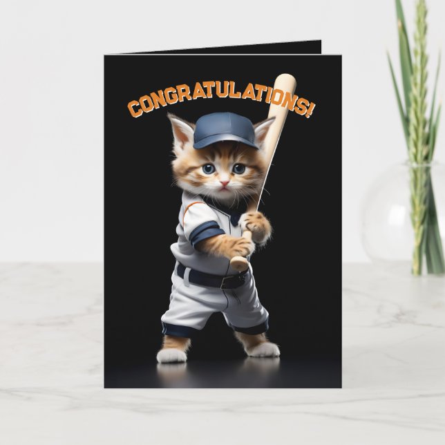 Baseball Star Kitten Letterpress Thank You Card (Front)