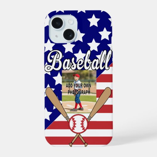 Baseball stars and stripes photo frame iPhone 15 case