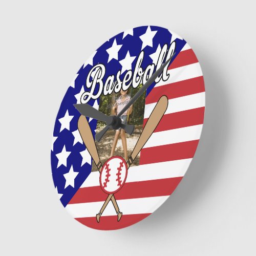 Baseball stars and stripes photo frame round clock