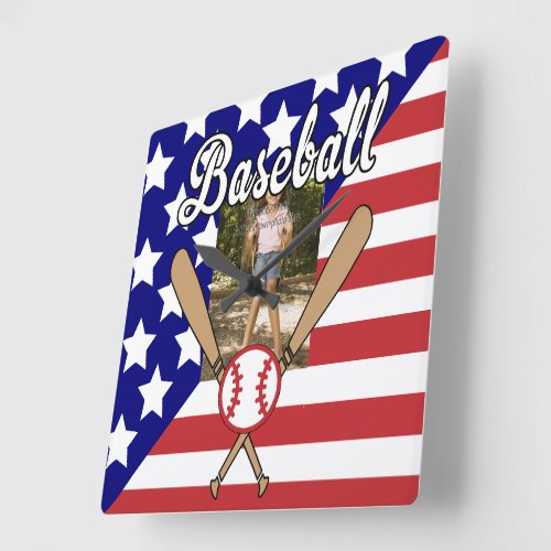 Baseball stars and stripes photo frame square wall clock