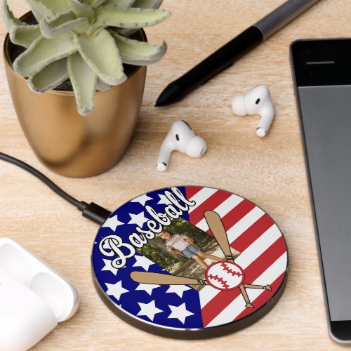 Baseball stars and stripes photo frame wireless charger 