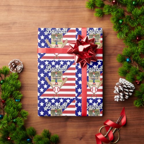 Baseball stars and stripes photo frame wrapping paper