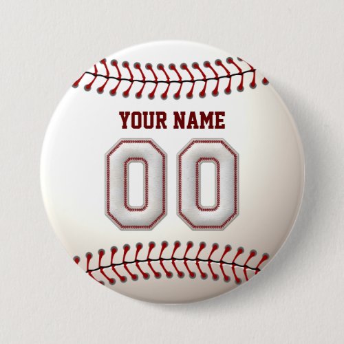 Baseball Stitches Player Number 00 and Custom Name Pinback Button