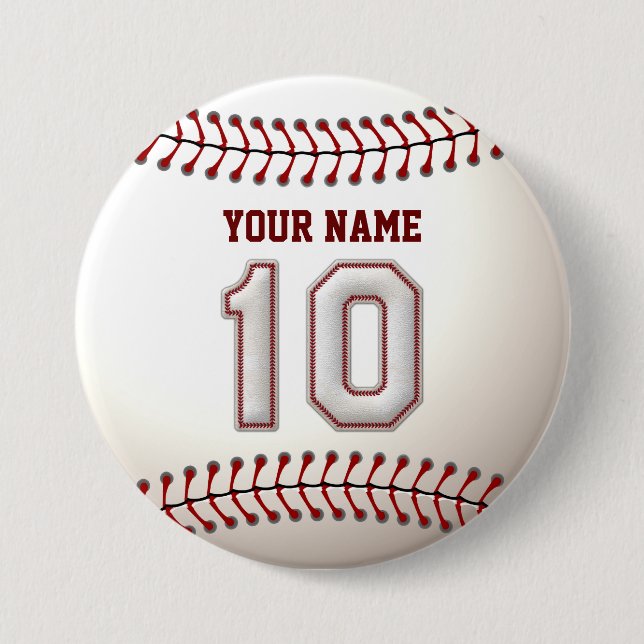 Baseball Stitches Player Number 10 and Custom Name Pinback Button (Front)