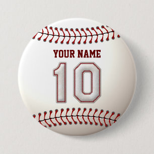 Baseball Stitches Player Number 10 and Custom Name Pinback Button