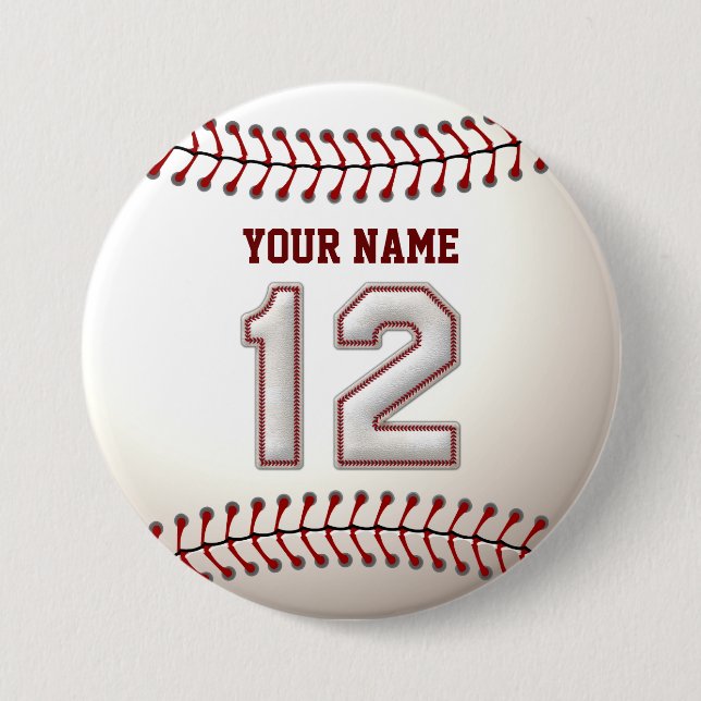 Baseball Stitches Player Number 12 and Custom Name Button (Front)