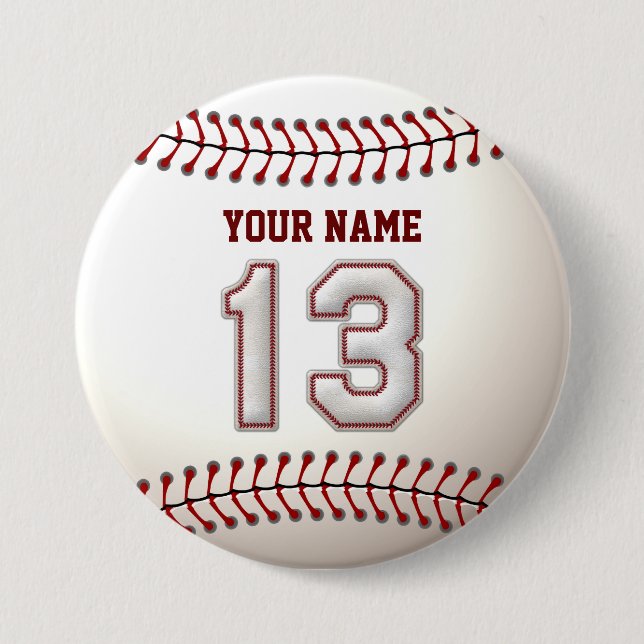 Baseball Stitches Player Number 13 and Custom Name Button (Front)