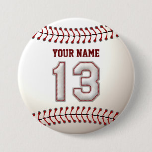 Baseball Stitches Player Number 13 and Custom Name Button