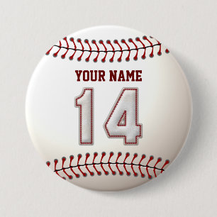 Baseball Stitches Player Number 14 and Custom Name Pinback Button